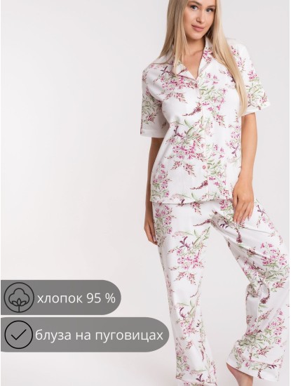 Пижама жен. (блуза + брюки),  тофу с рисунком ЦВЕТЫ, 540444